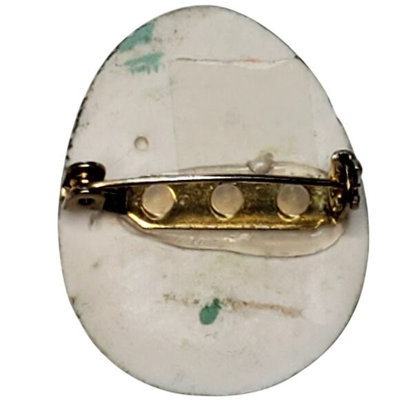 Resin Happy Easter Egg Bunnies Flower Brooch Vtg 1.25" Handmade - Picture 2 of 3